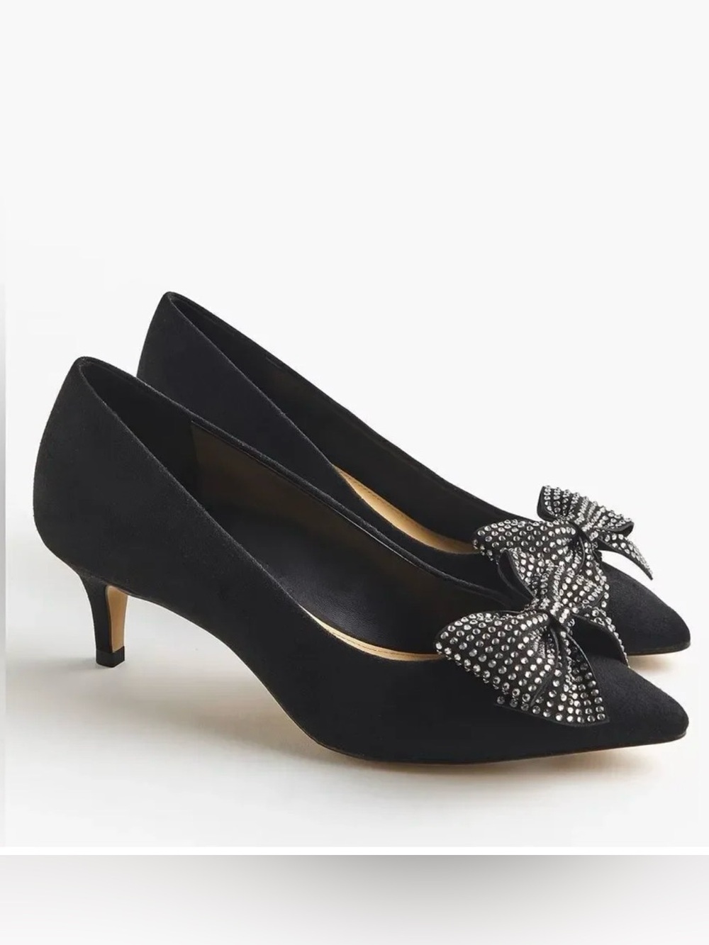 J. Crew Black Suede Pointed Kitten Heel with Crystal Bow